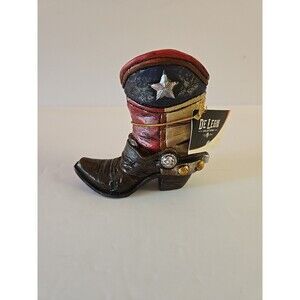 TEXAS FLAG COWBOY VASE Toothpick Pen Pencil Holder WESTERN Cowboy De Leon Coll